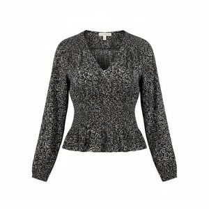 Universal Thread Black White Floral Smocked Peplum Top Long Sleeve NWT Large